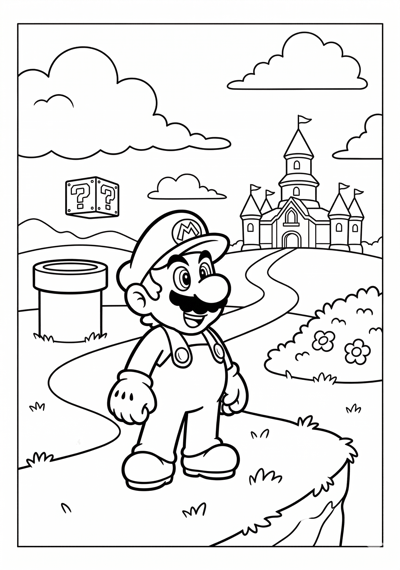 Mario mario and castle distant view coloring page for kids age 6-8
