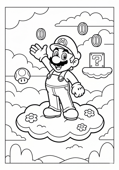 Mario mario and cloudy sky scene coloring page for kids age 6-8