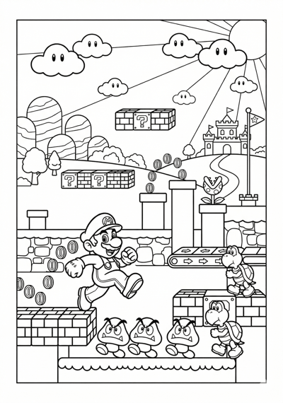 Mario mario and enemy patrol scene coloring page for kids age 9-10