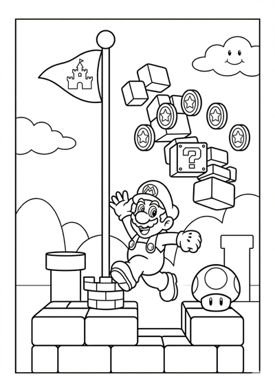 Mario mario and floating blocks coloring page for kids age 6-8
