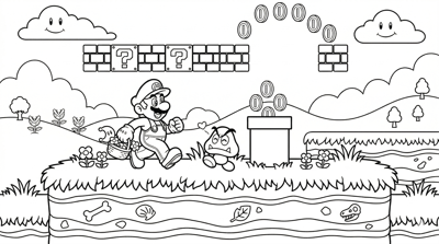 Mario mario and friendly goomba coloring page for kids age 6-8