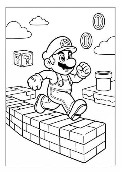Mario mario and two coins coloring page for kids age 6-8