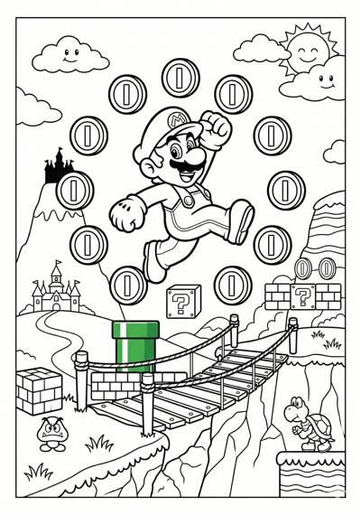 Mario mario bridge platform adventure coloring page for kids age 9-10