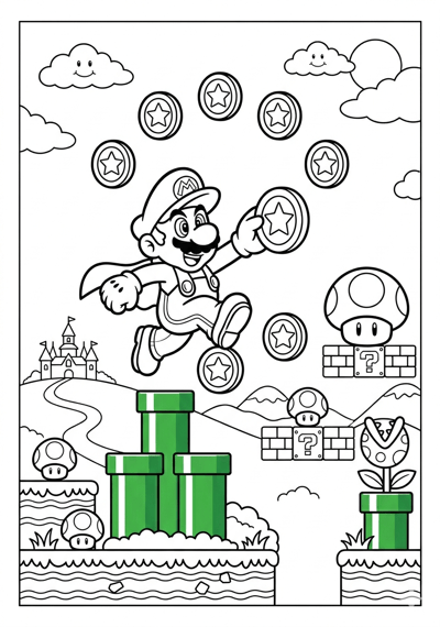 Mario mario coin and mushroom scene coloring page for kids age 6-8