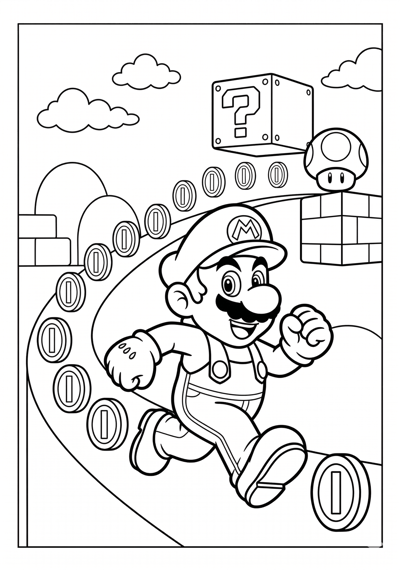 Mario mario coin trail adventure coloring page for kids age 6-8
