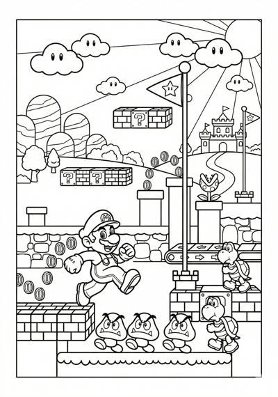 Mario mario final flag sprint coloring page for kids age 9-10