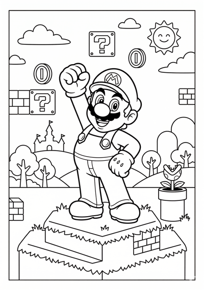 Mario mario hero pose in platform world coloring page for kids age 6-8
