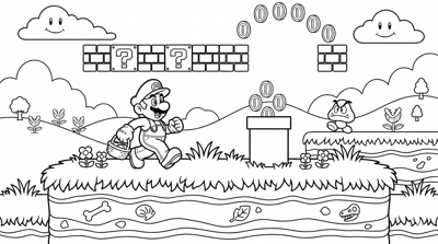 Mario mario in grass platform coloring page for kids age 6-8