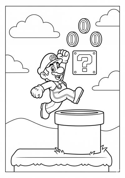 Mario mario jump over pipe coloring page for kids age 6-8