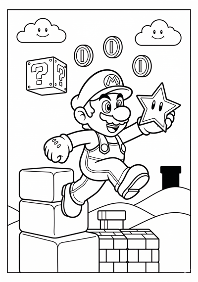 Mario mario midair star grab coloring page for kids age 6-8