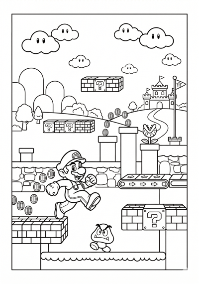 Mario mario obstacle course scene coloring page for kids age 9-10