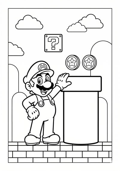 Mario mario pipe entrance scene coloring page for kids age 6-8