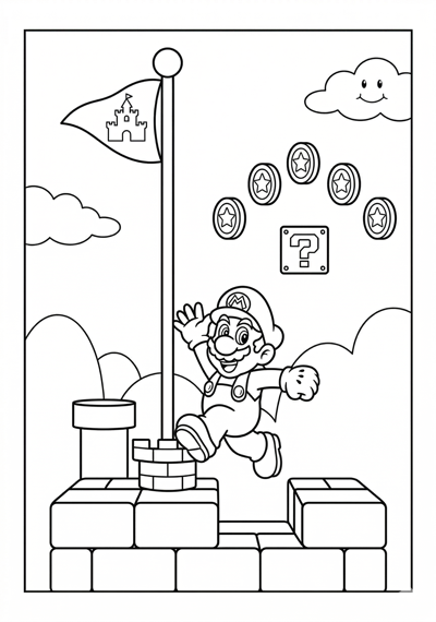 Mario mario platform hop scene coloring page for kids age 6-8