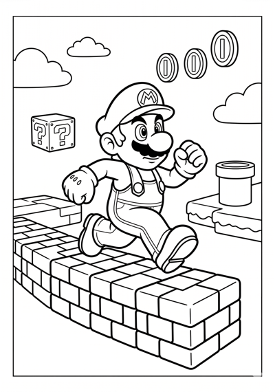Mario mario running on platform coloring page for kids age 6-8