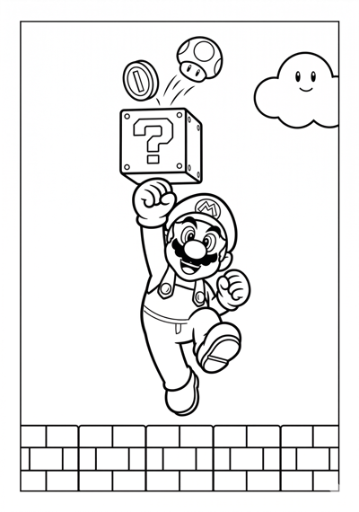 Mario mario under question block coloring page for kids age 6-8