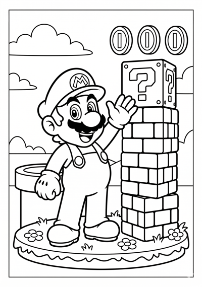 Mario mario with block stack coloring page for kids age 6-8