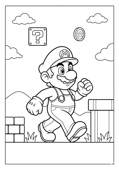 Mario mario with brick and pipe coloring page for kids age 6-8