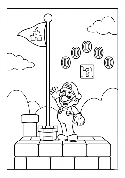 Mario mario with flag pole coloring page for kids age 6-8