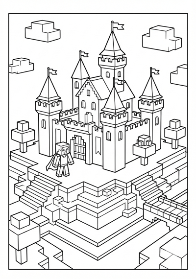 Block castle scene Minecraft coloring page for kids age 9-10