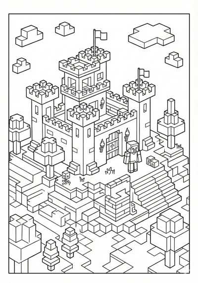 Block fort and trees Minecraft coloring page for kids age 9-10
