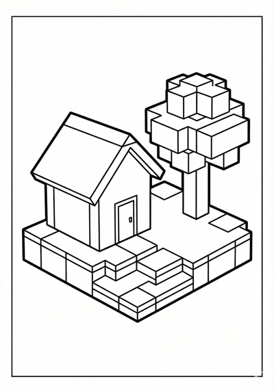 Block house and block tree Minecraft coloring page for kids age 6-8