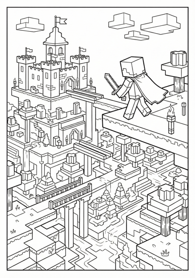 Block house castle and layered terrain Minecraft coloring page for kids age 9-10