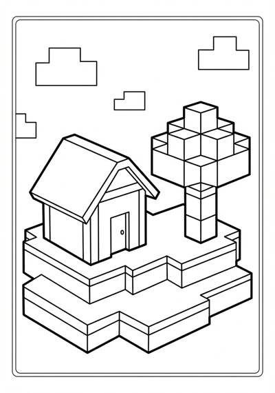 Block house with tree Minecraft coloring page for kids age 6-8
