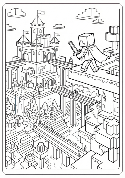 Block landscape with depth Minecraft coloring page for kids age 9-10