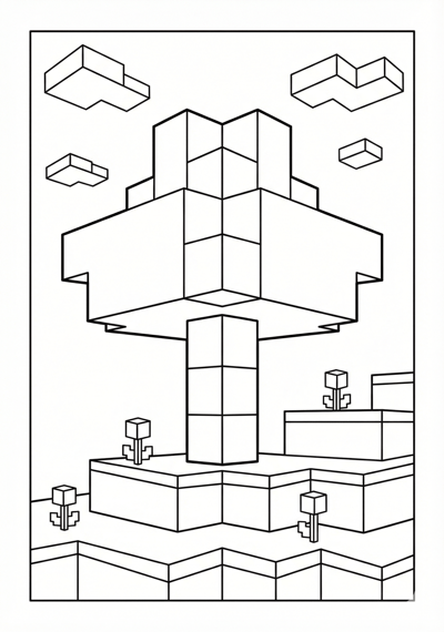 Block tree and square clouds Minecraft coloring page for kids age 6-8