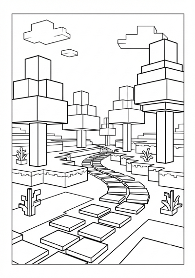 Block trees and path Minecraft coloring page for kids age 6-8