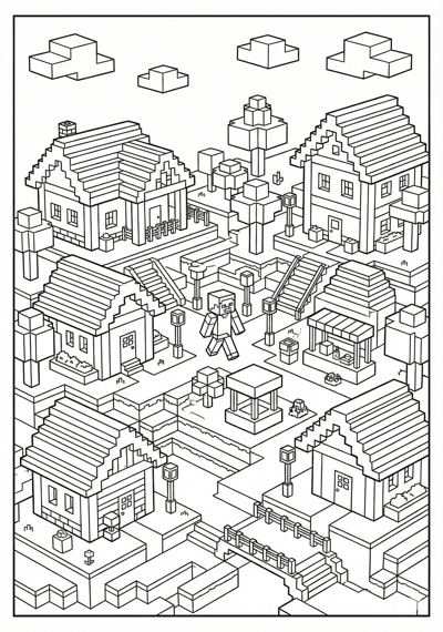 Structured block village Minecraft coloring page for kids age 9-10