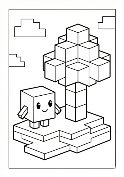 Cube character and block tree Minecraft coloring page for kids age 6-8