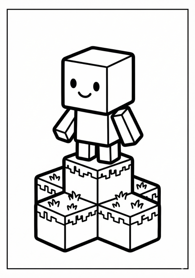 Cube character and grass block Minecraft coloring page for kids age 3-5