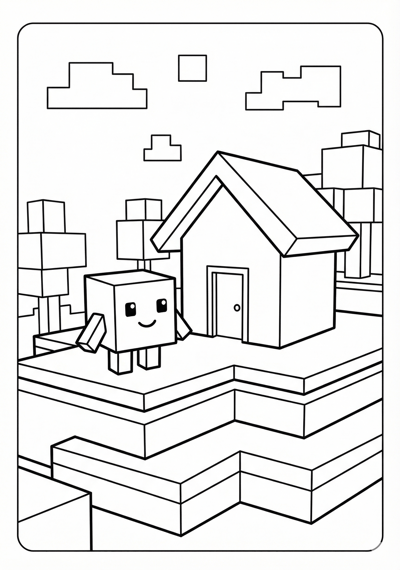 Cube character at small block house Minecraft coloring page for kids age 6-8