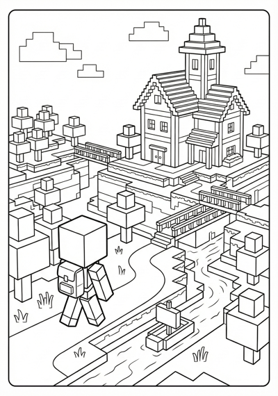 Cube character in structured block world Minecraft coloring page for kids age 9-10