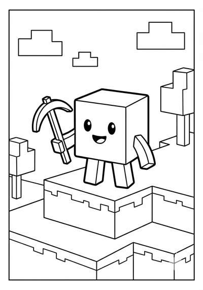 Cube character with pickaxe Minecraft coloring page for kids age 6-8