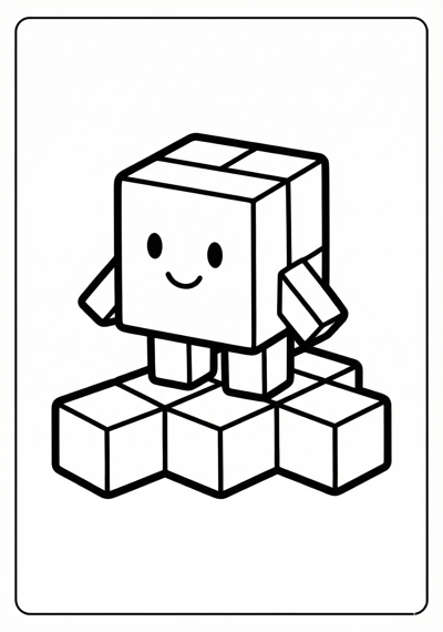One cube-style character on blocks Minecraft coloring page for kids age 3-5