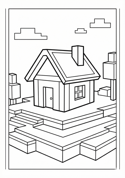Small block cottage Minecraft coloring page for kids age 6-8