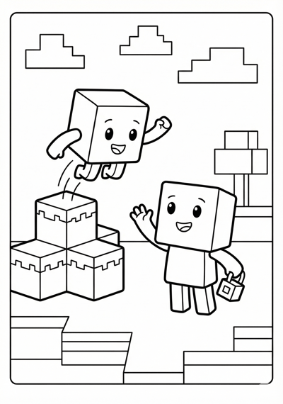 Two block-style characters playing Minecraft coloring page for kids age 6-8