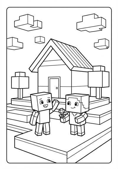 Two cube characters at block house Minecraft coloring page for kids age 6-8