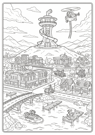 Wide Adventure Bay panorama with lookout tower, town, and shoreline featuring Paw Patrol pups coloring page for kids age 9-10