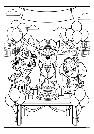 Paw Patrol pups at a birthday party with cake and streamers coloring page for kids age 6-8