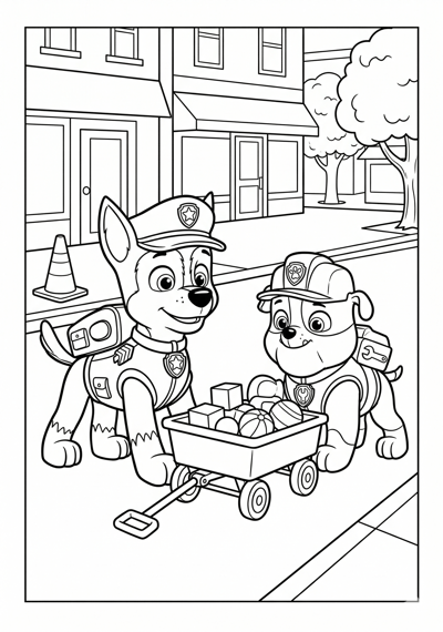 Paw Patrol Chase and Rubble helping in a simple rescue scene with a small cart coloring page for kids age 6-8
