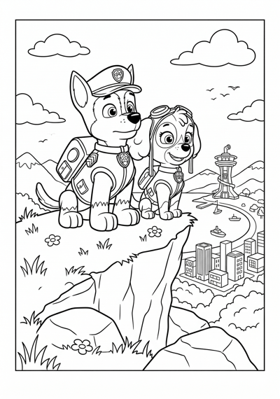 Paw Patrol Chase and Skye looking over Adventure Bay from a hilltop coloring page for kids age 6-8