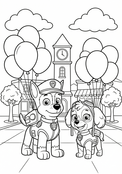Paw Patrol Chase and Skye holding balloons in a simple town square coloring page for kids age 6-8
