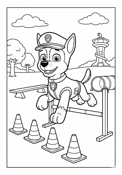 Paw Patrol Chase running through a simple training course with cones and bars coloring page for kids age 6-8