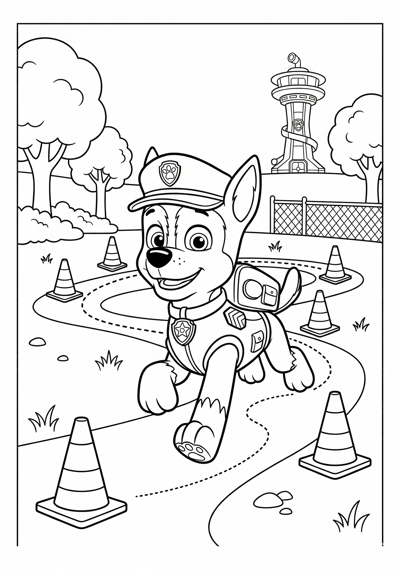 Paw Patrol Chase running around traffic cones in a simple training area coloring page for kids age 6-8