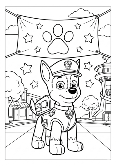 Paw Patrol Chase standing under a paw print banner with stars coloring page for kids age 6-8