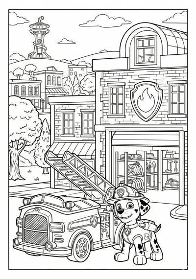 Paw Patrol fire station scene with Marshall, fire truck, and station details coloring page for kids age 9-10