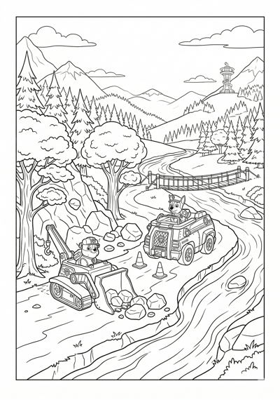 Paw Patrol forest trail rescue with trees, river, and layered background coloring page for kids age 9-10